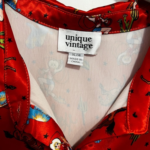 UNIQUE VINTAGE RUST Red Silk Western Print ROCKABILLY Dress with Tie NWT Howdy - Picture 8 of 12